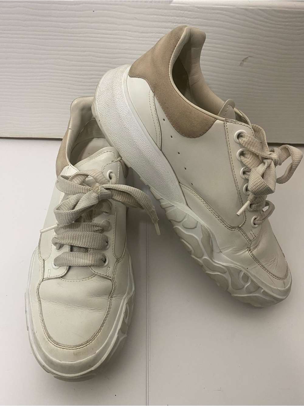 Alexander McQueen White Leather Sneakers with Beige Suede Heel
